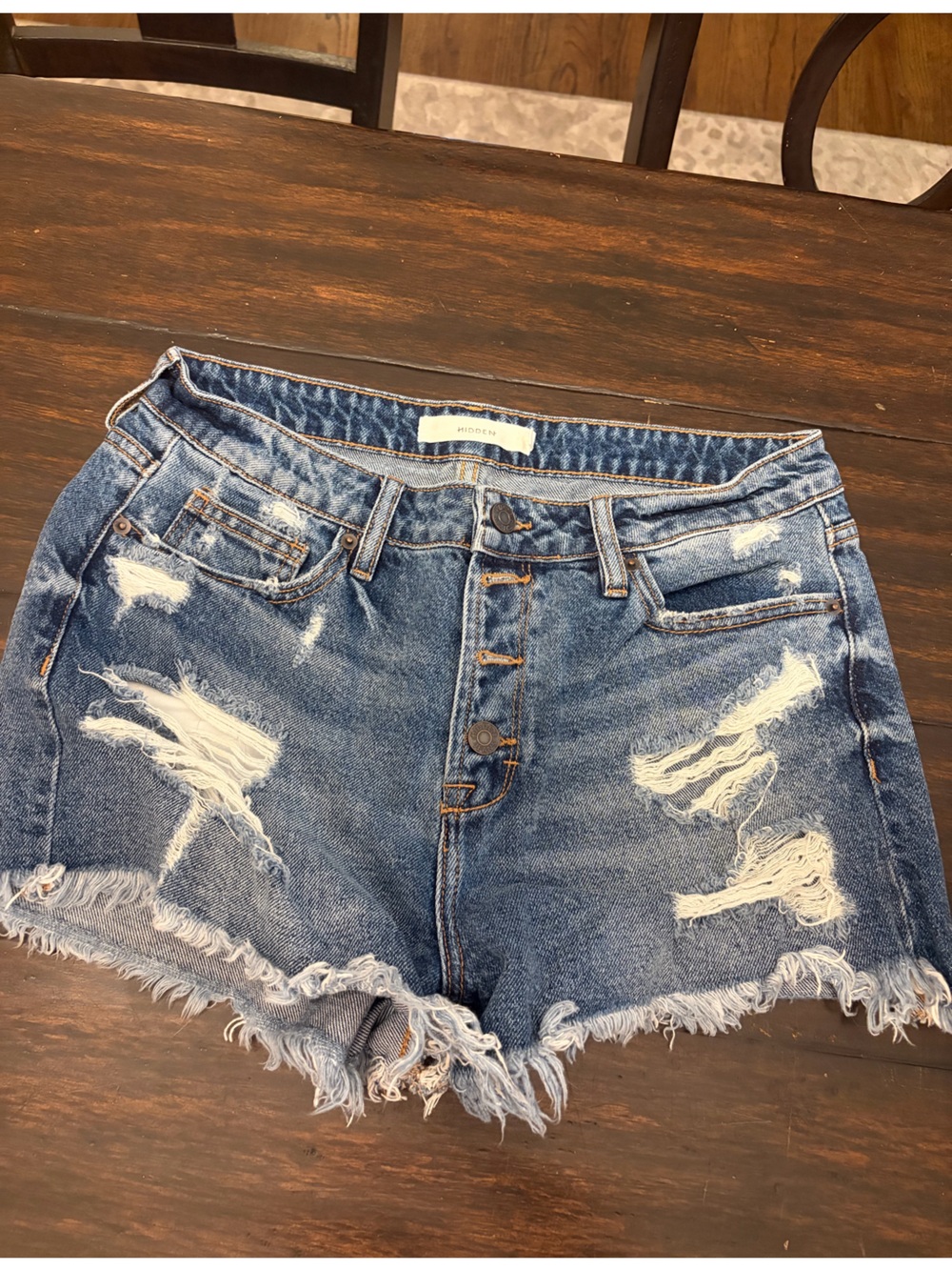 Hidden High-Rise Distressed Denim Shorts in Medium Blue size large (29/30)